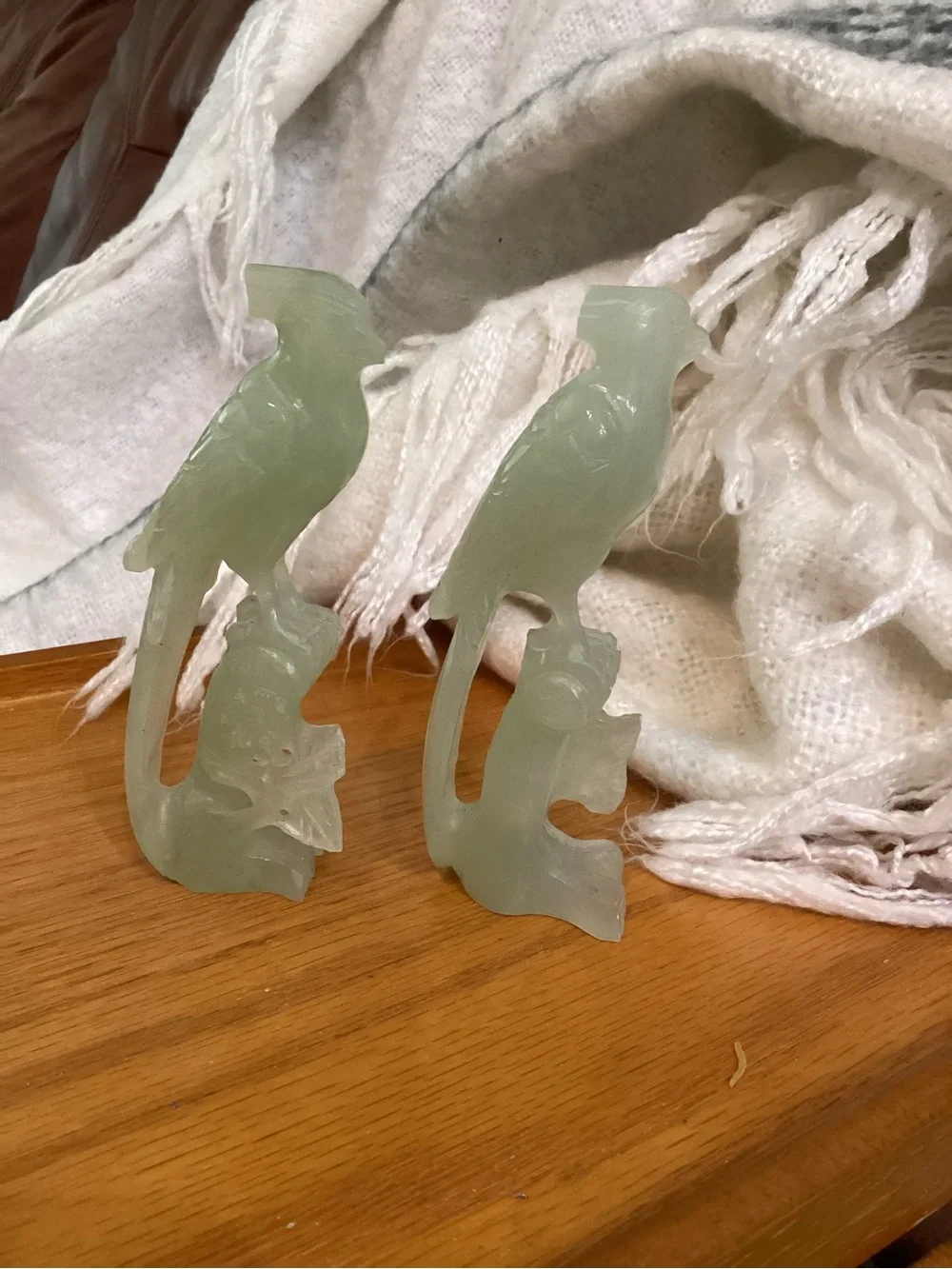 Carved Jade-Look Parrot Figurines -Have Damage on Head Feathers